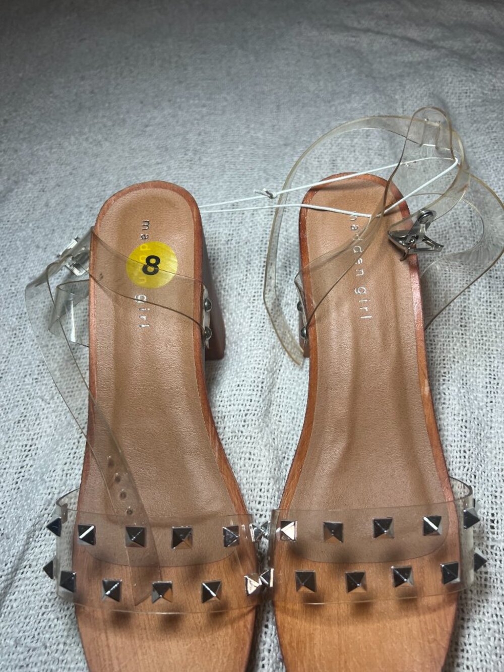 NWOT Madden Girl Clear Studded Block Heel Sandals Wood Look, Size 8 Women's PVC